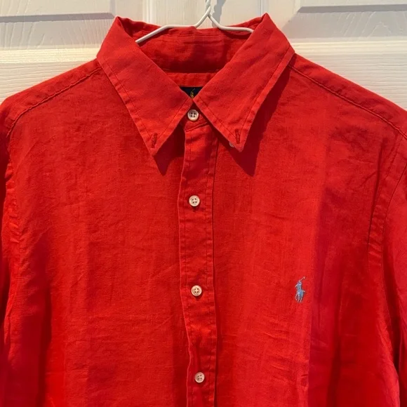 Polo by Ralph Lauren Coral Red Linen Button-Down Shirt with Polo Pony - Picture 1 of 1